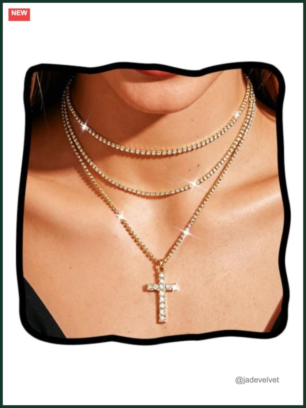 Layered Rhinestone Cross Necklace Tennis Choker Women Adjustable